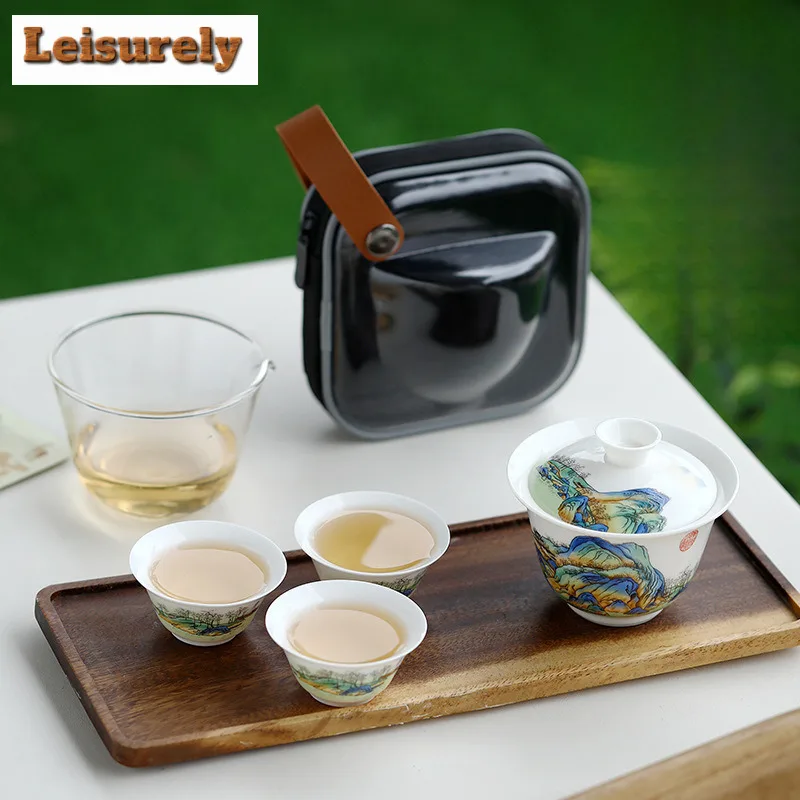 

Landscape White Porcelain Travel Tea Set Kit Japanese 1 Pot 3 Cup Household Tea Making Gaiwan Organizer Portable Camping Handbag