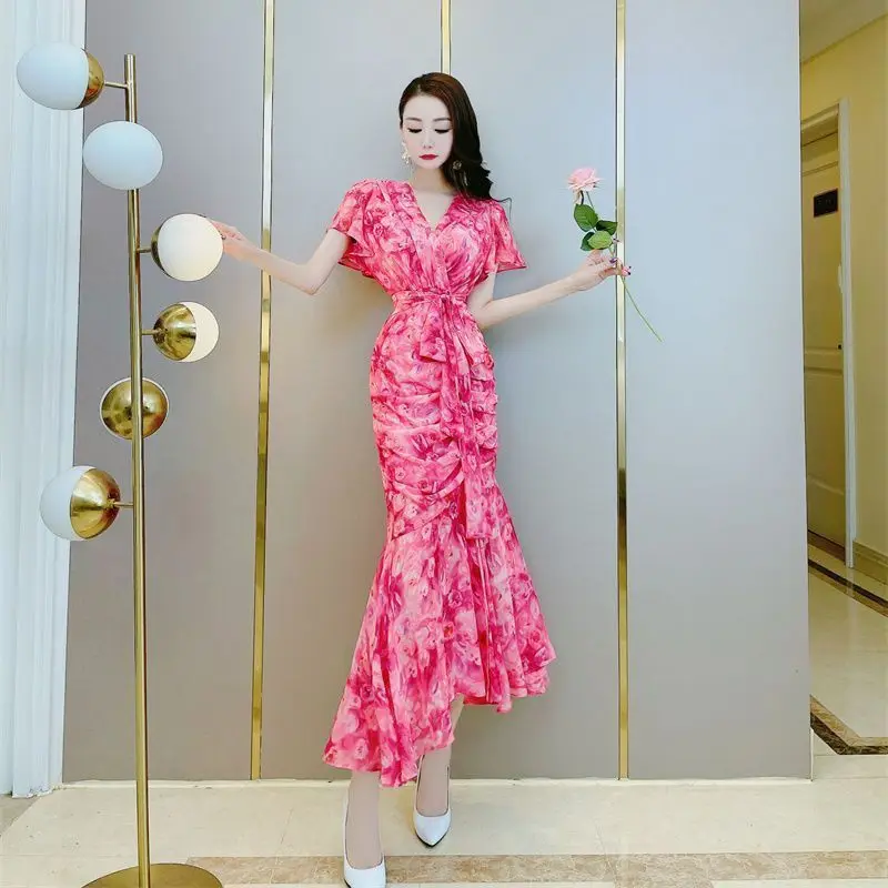 

Summer elegant color super fairy irregular fishtail long dress thin V-neck short-sleeved floral dress