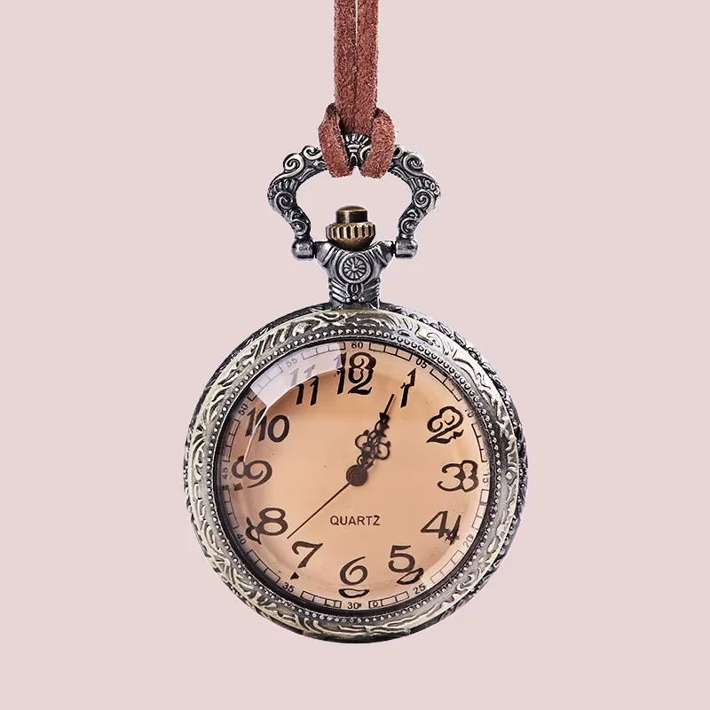 

Red vintage leather chain vintage pocket watch transparent russet dial bronze case quartz elegant gift watch strap