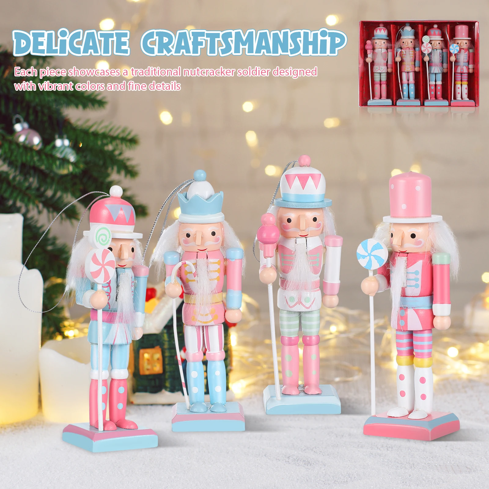 

4 Pcs Wooden Nutcracker Figurine Holiday Christmas Decoration Traditional Soldier Ornament Desktop Table Display