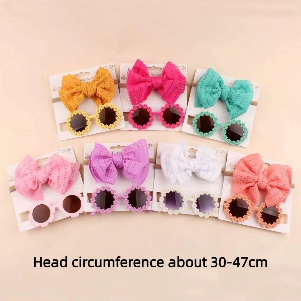 2 szt./zestaw Miękka Elastyczna Dziecięca Opaska z Kokardką Bawełniana Jednolita Kolorowa Dziecięca Kokarda Turban Szerokie Dziecięce Okulary Przeciwsłoneczne Zestaw Akcesoria do Włosów
