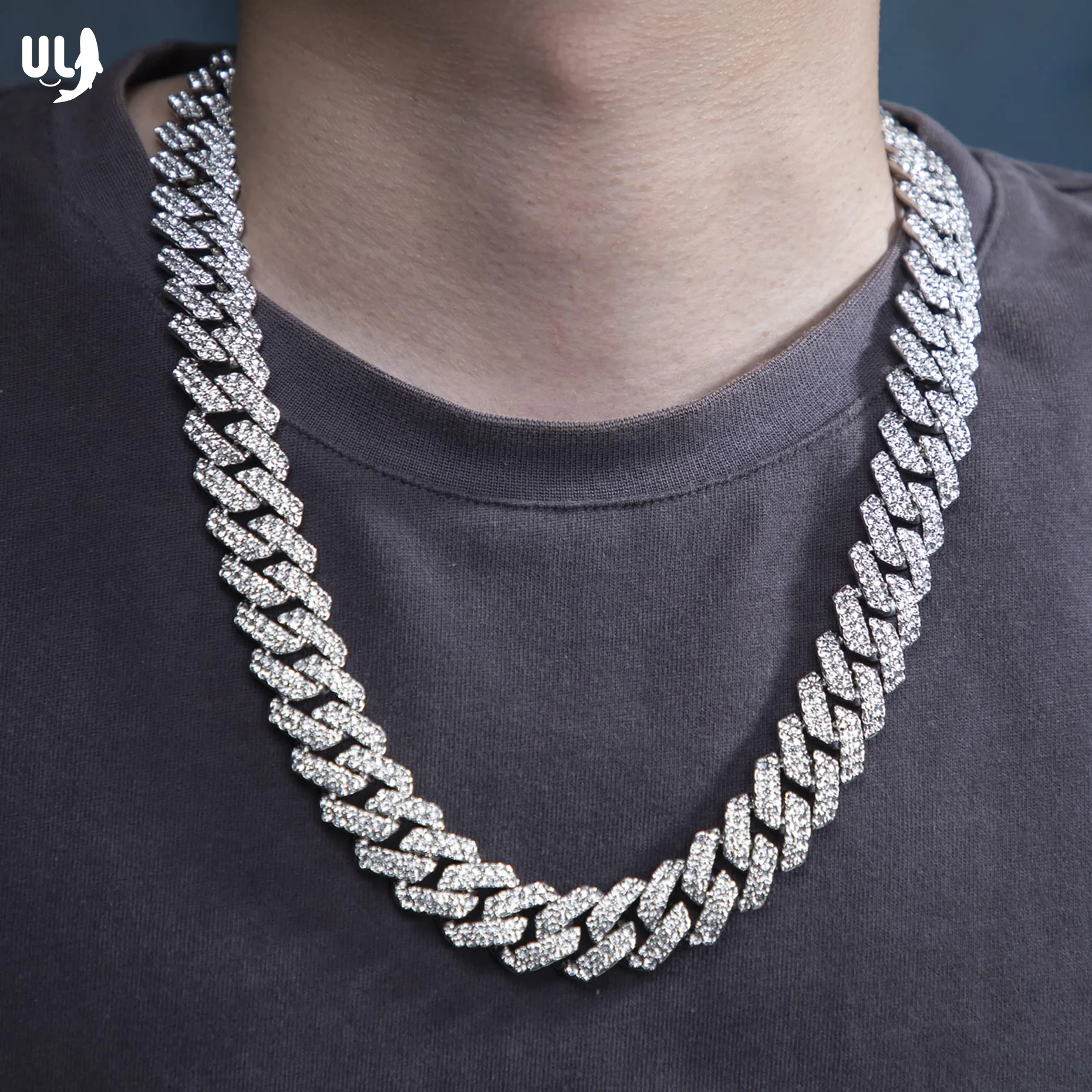 ULJ 14mm Prong Miami Cuban Link Chain Iced Out Necklace Silver Color Bling Rhinestones for Women Man Hip Hop Jewelry