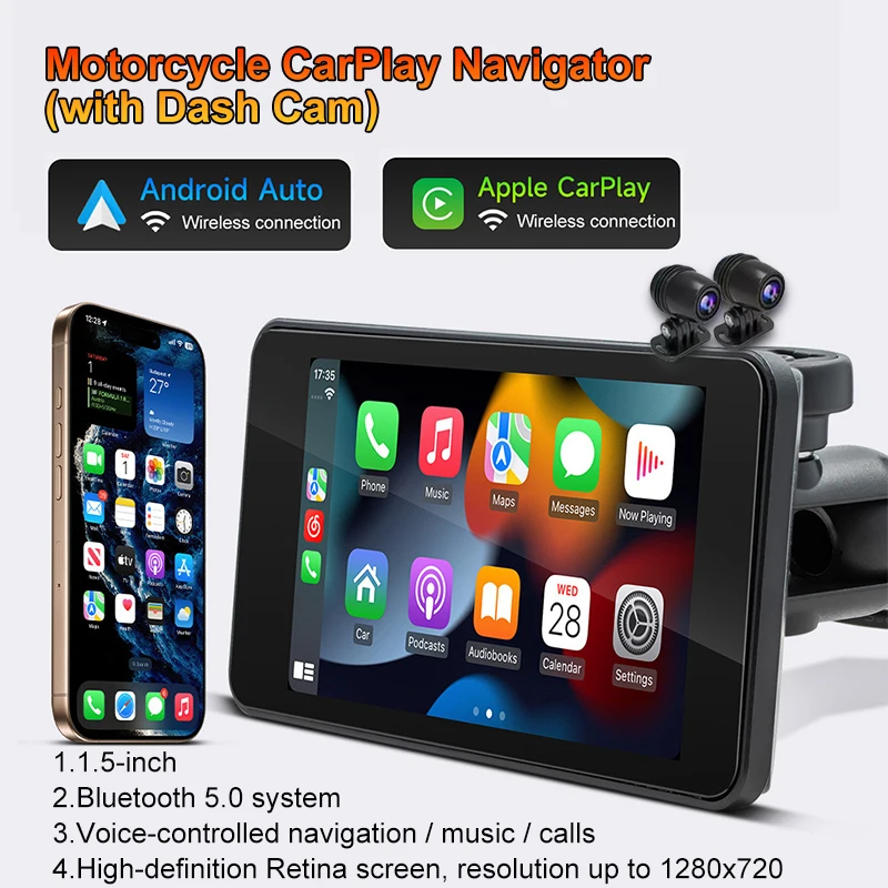 Professional 5 Inch Motorcycle DVR Front Rear Camera Waterproof Wireless CarPlay Android Auto GPS Navigation Motorcycle Dash Cam