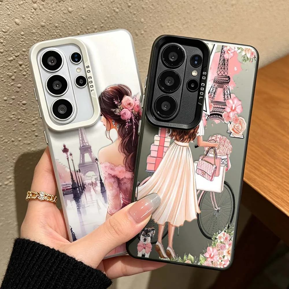 Fashion Pink Girl Flower For Samsung Galaxy S26 S25 S24 S23 S22 S21 S20 FE Ultra Plus Colorful Silver Phone Case Cover