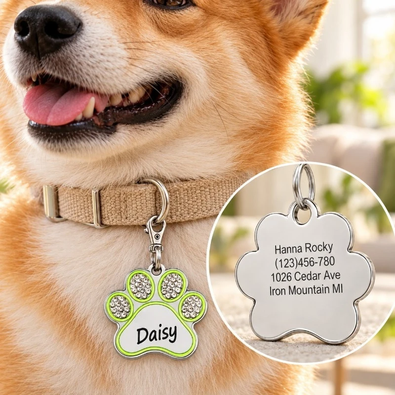 Engraved Puppy Pet ID Name Collar Tag Free Personalized Dog Cat Plate Tags Alloy Paw Pendant Pets Dogs Accessories