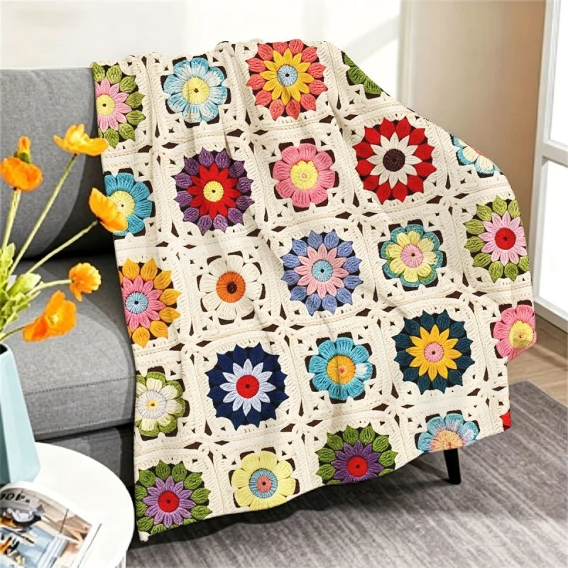 Crochet Colorful Flower Square Patchwork Flannel Throw Blanket, Soft Vintage Floral Blanket for Sofa Bed Cottage Home Decor