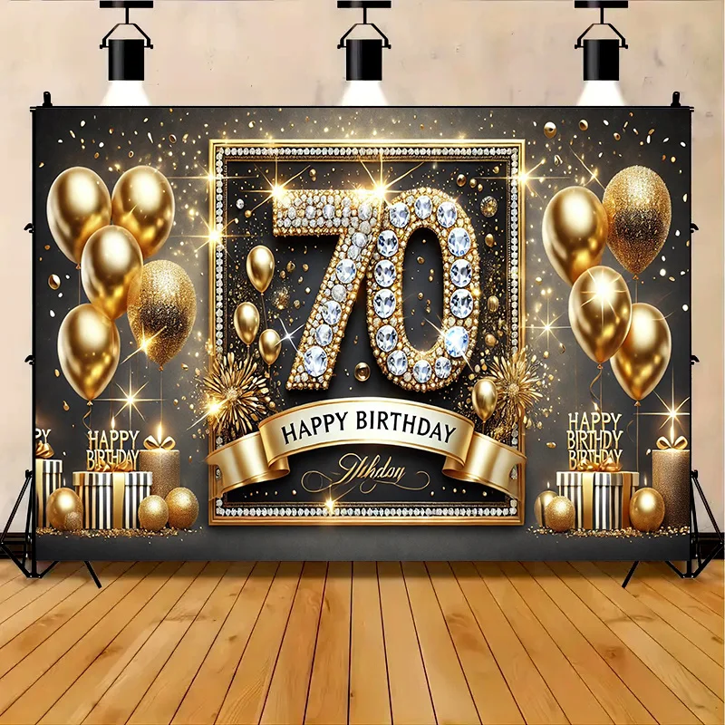 A luxurious 70th birthday polyester banner in gold and black - featuring balloons, confetti and a happy birthday design