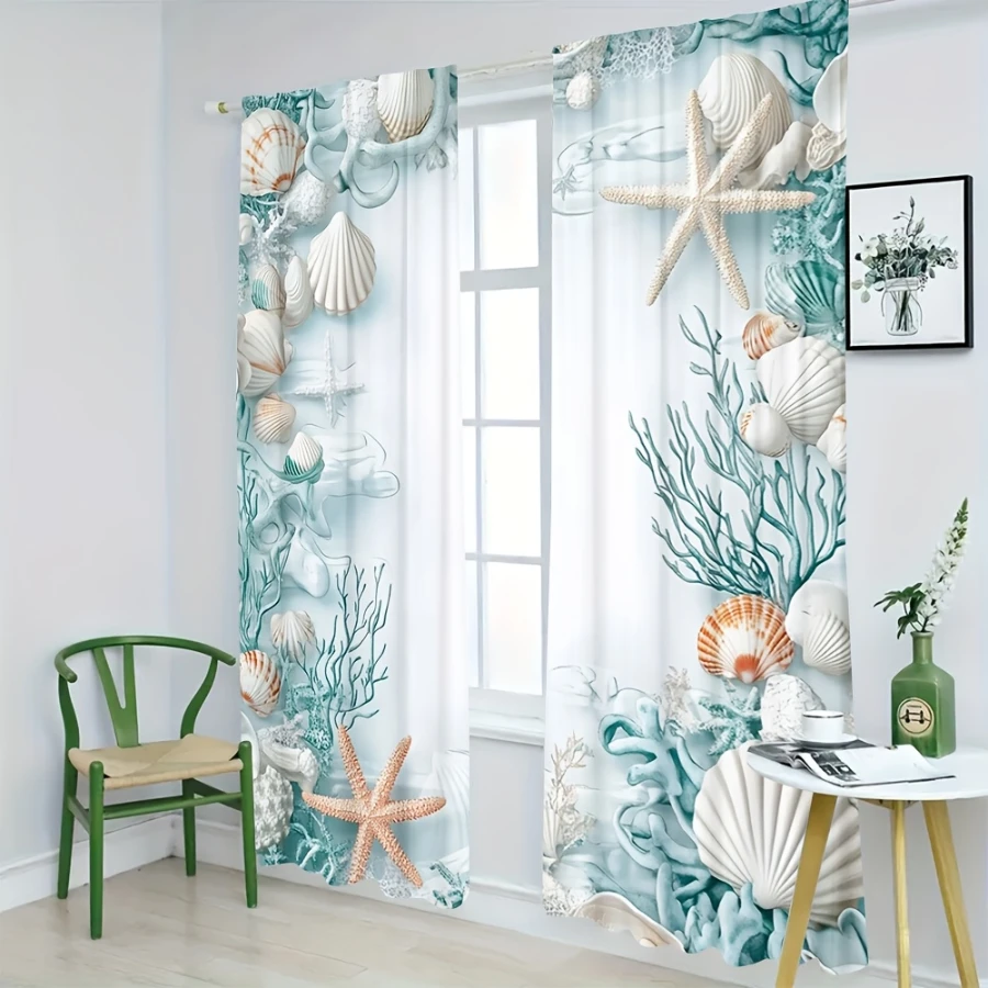2PCS Digital Printed Curtains, Seashell Starfish Ocean Coastal Beach, Modern Home Decor Style for Living Room Bedroom Decor