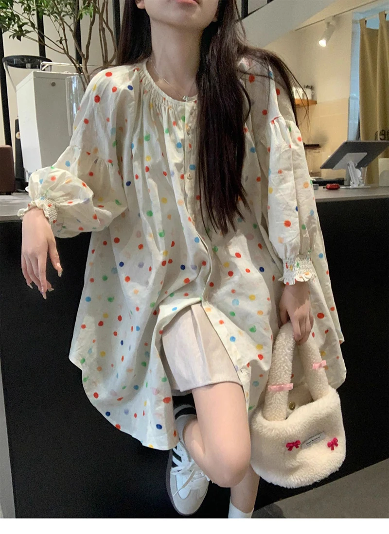 

Girls style shirt girl colorful polka dot round neck 2024 early spring new French casual long sleeve chic beautiful top