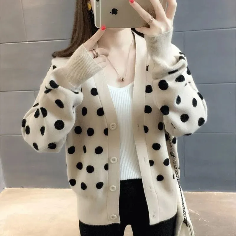 Women's V Neck Polka Dot Knit Cardigan Loose Long Sleeve Korean Style Versatile Casual Outer Top
