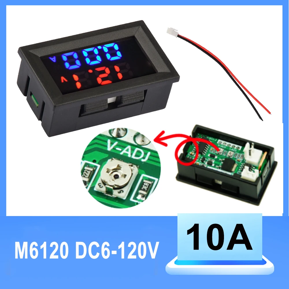 M6120 デジタル電圧計電流計 DC6-120V 10A 青赤デュアル LED ディスプレイ電流電力計テスター ワイヤー付き