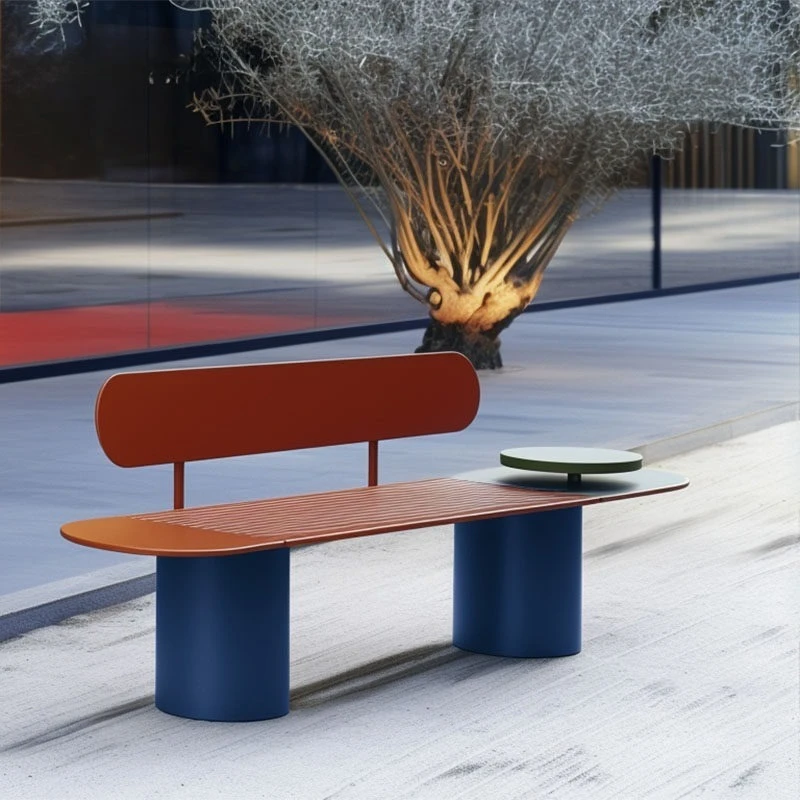 Outdoor wrought iron back bench with side table leisure seat
