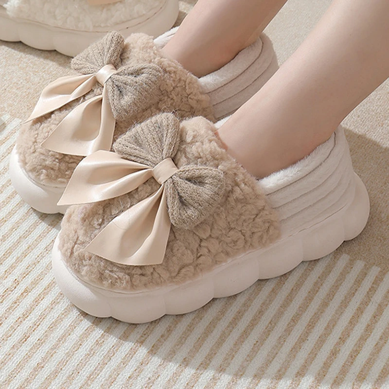Winter Women Cute Bow Cotton Slippers Non Slip And Warm Soft Soled Home Slippers Multi Colored Home Bag Heel Plush Slippers