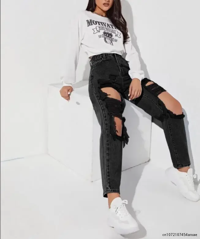 Ladies High Street Ripped Jeans Trousers Denim Fashion Hole Washing High Waist Jeans Woman Cotton Denim Straight Pants
