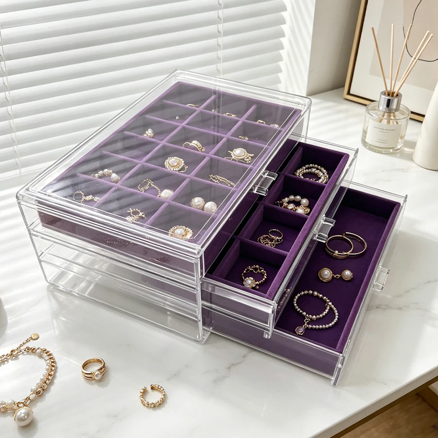 

High-end three-layer drawer-style velvet jewelry box, with acrylic tabletop for organizing and categorizing various jewelry and