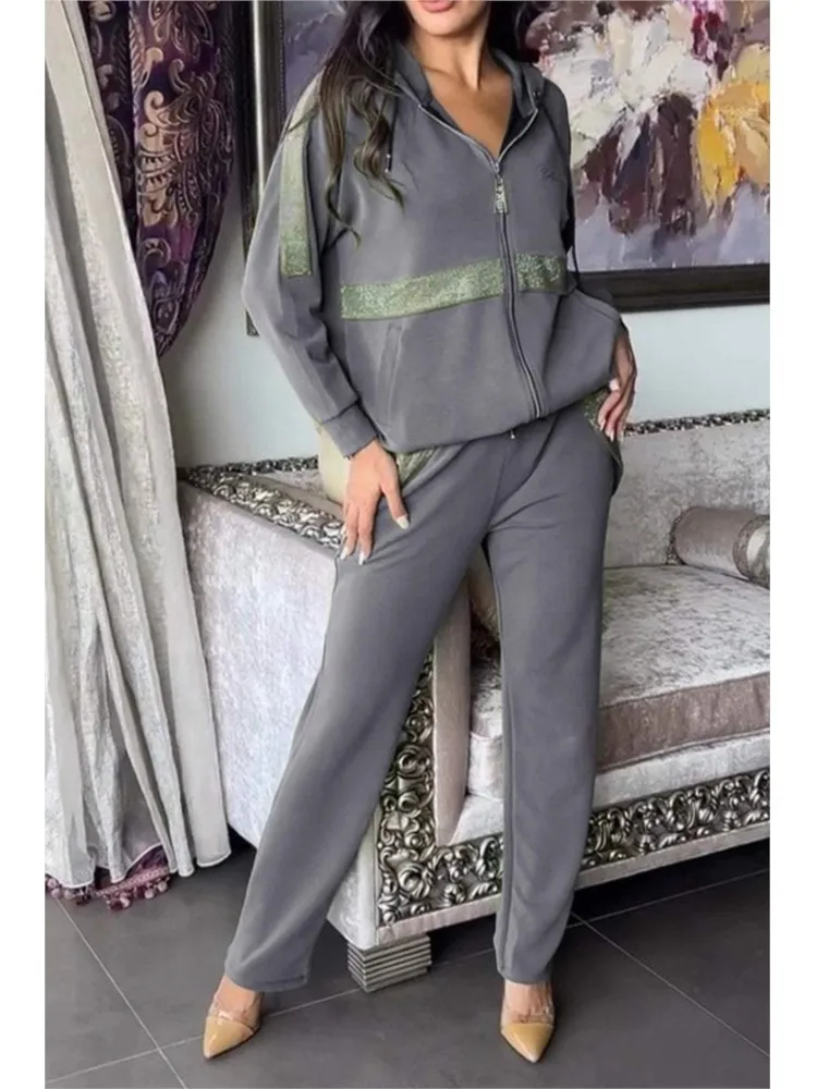 Autumn Winter Long Sleeved Hoodie Pants Women 2 Piece Set Fashion Patchwork Zipper Hoodie Casual Pocket Pants Sports Suit Female