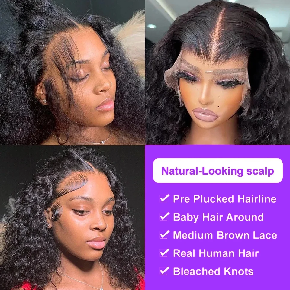 200 Density Curly Bob Wig Human Hair 13x4 HD Lace Frontal Deep Wave Wigs for Black Women Short Bob Wig Human Hair Glueless Wear and Go Deep Wave Lace Wigs Natural Black 14 Inch Pre Plucked image 4