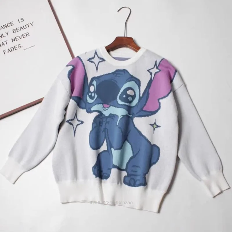 Disney Cartoon Stitch Clothes Y2k Cute Round Neck Sweater Autumn Winter Fashion Soft Knitted Top Shirts Women Jacquard Pullovers