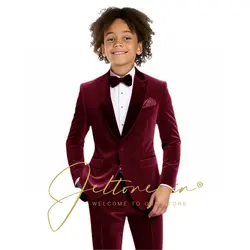 Kids Birthday Dress Baby Boys Burgundy Velvet Blazer Jacket Pants Photograph Suit Children Wedding Performance Party Wear