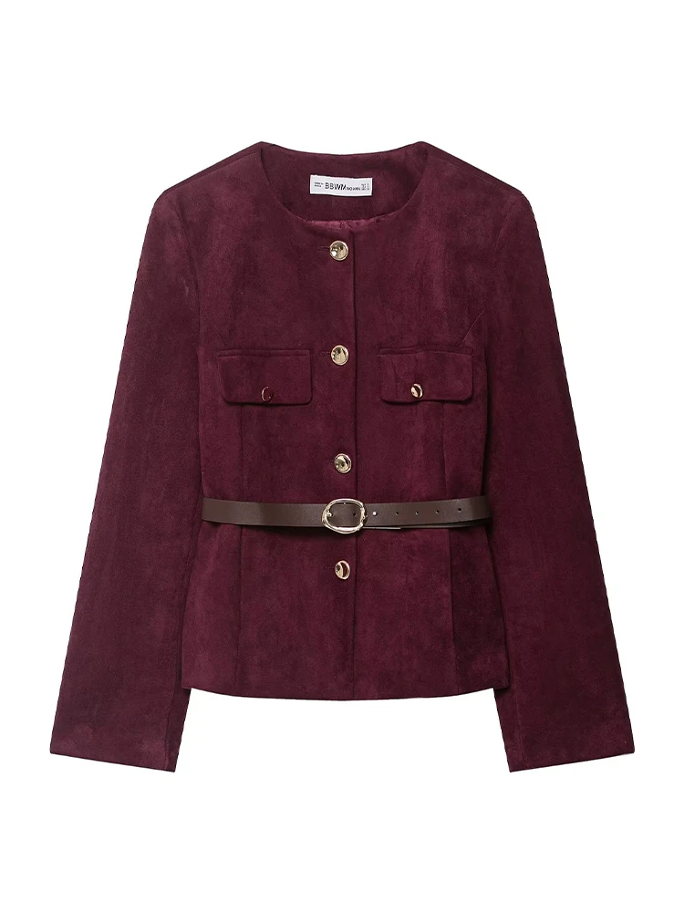 HH 여성 우아한 O넥 긴 소매 스트리트 코트 2025 가을 여성 가짜 포켓 벨트 버튼 장식 솔리드 숏 재킷