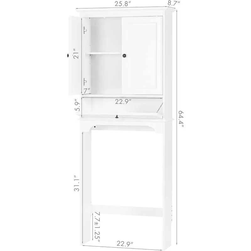 Over The Toilet Storage Cabinet, Bathroom Above Toilet Storage Cabinet with Doors and Adjustable Shelves, White