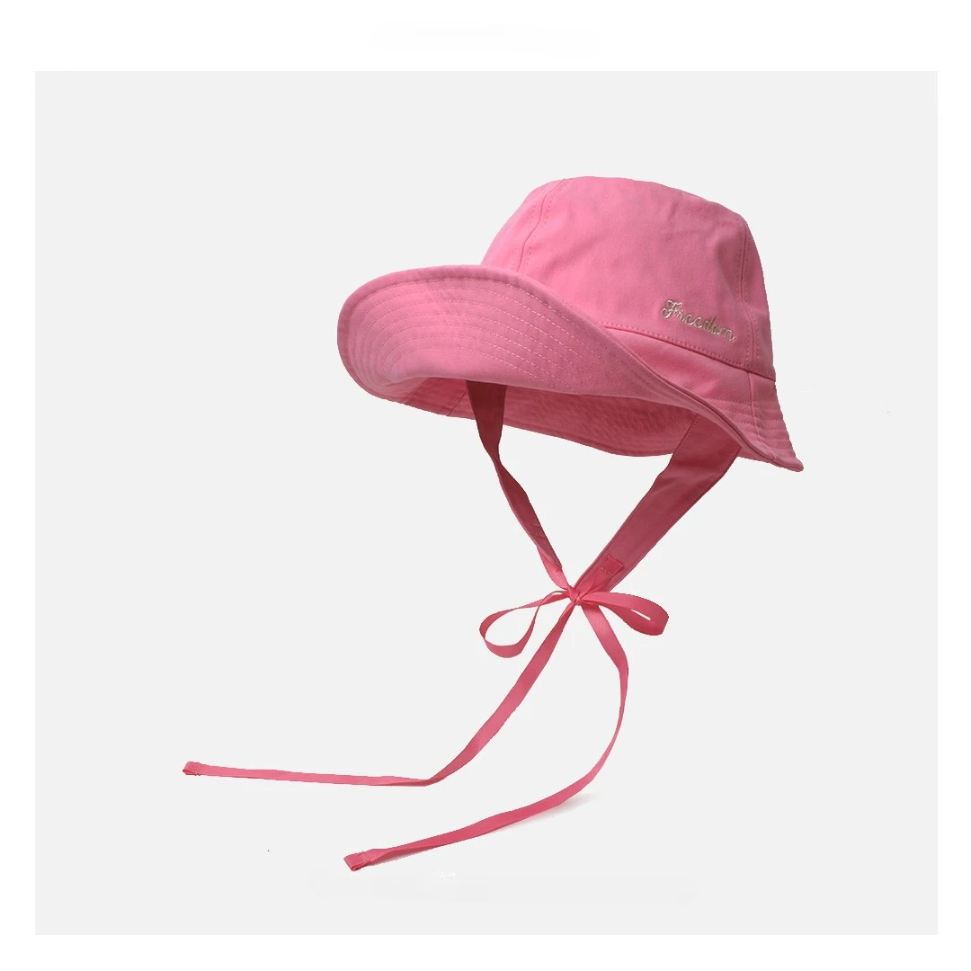 

Sweet Tie Up Fisherman Hat Female Summer Cotton Binding Wide Eaves Can Turn Border Sun Big Eaves Hat Small Cute Face Small Visor