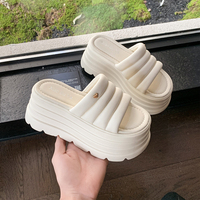 8CM New Platform Slippers Women Summer High Heels Black Leather Chunky Sandals Casual Peep Toe Flip-flops Beach Wedge Shoes
