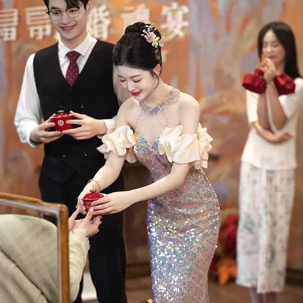 Champagne vestidos de noite longos halter lantejoulas borlas vestidos de baile miçangas sereia vestidos mulher festa de casamento noite vestido de baile