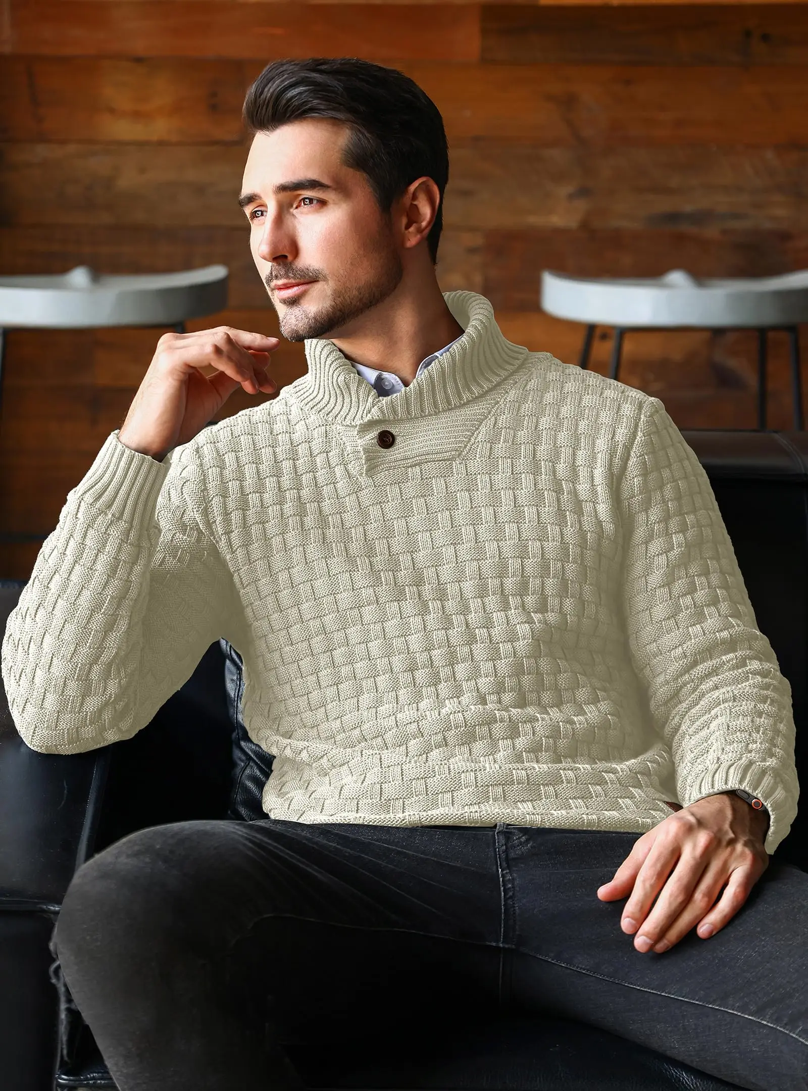 Pull à col roulé pour hommes, pull à col châle, coupe régulière, hauts tricotés