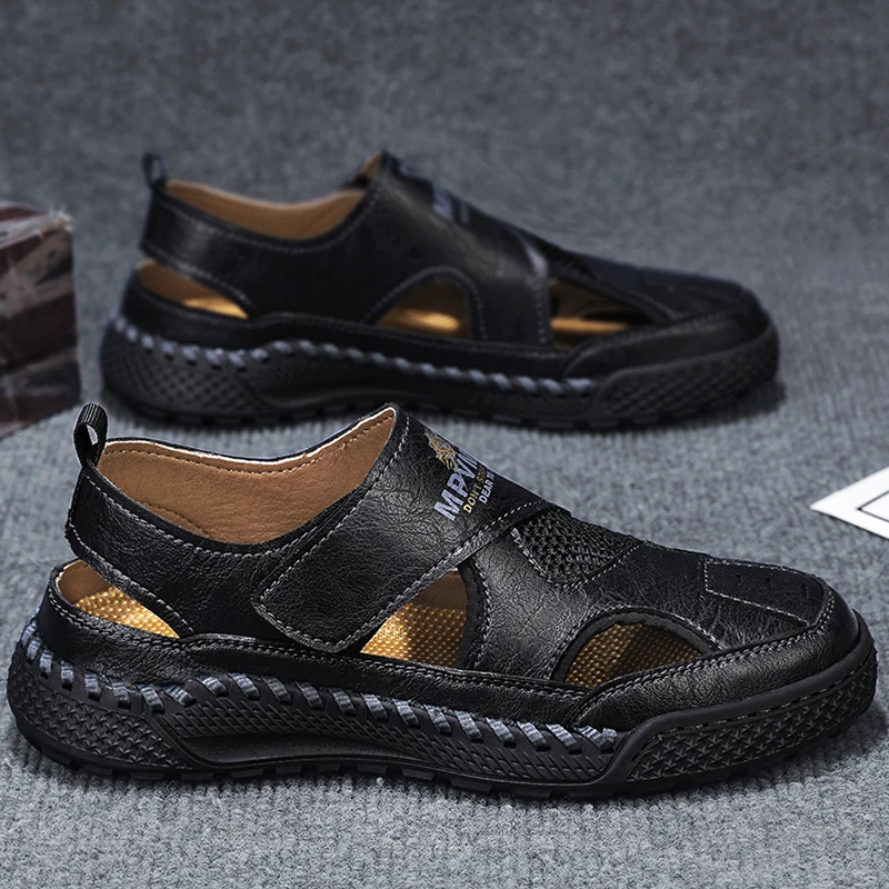 

Кожаные дышащие мужские сандалии без шнуровки Sports oes для скалолазания на открытом воздухе, удобные повседневные кроссовки Lazy oes с полым дизайном