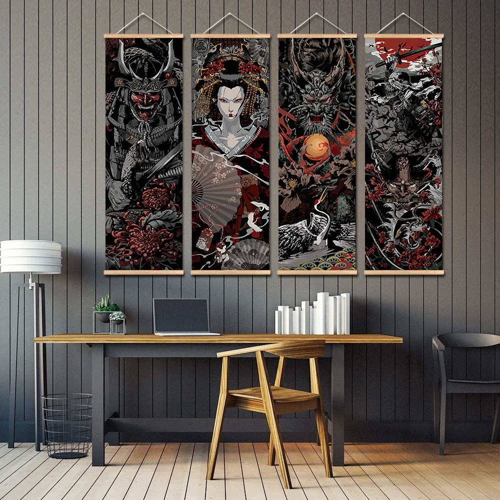 Scroll Canvas Poster Retro Japan Samurai Sakuran Ukiyoe Tattoo Wall Art Boho Wall Pictures Aesthetic Room Decor Scroll Paintings