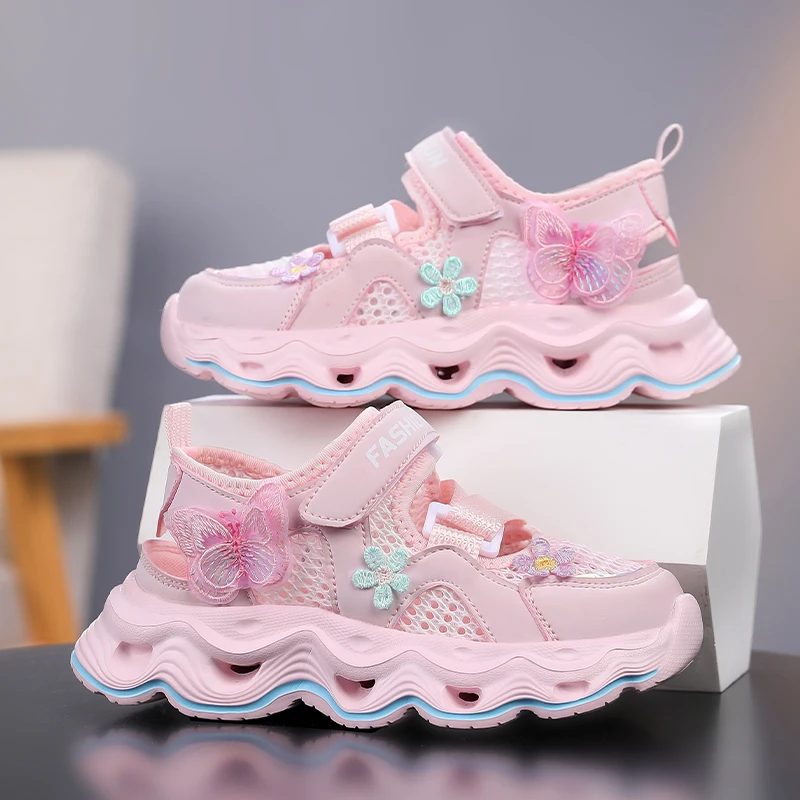 Fashion Non-Slip Girls Leather Sneakers Cutout Design Butterfly Floral Pattern Kids Comfortable Walking Casual Sports Shoes