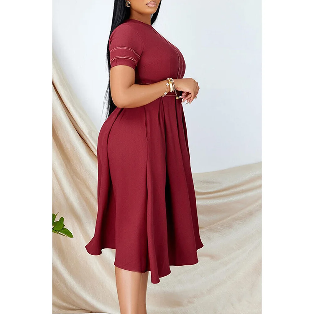 Vinho vermelho plissado redondo pescoço vestido Midi, Cintura alta, Casual, Plus Size