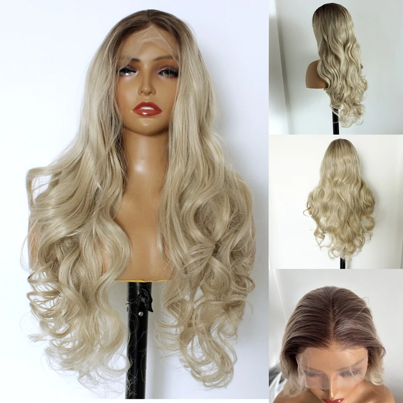 

Коричневый парик фронта шнурка Длинный волнистый Ombre Коричневый блондин 13x4 Синтетические парики фронта шнурка для женщин Ежедневное использование для вечеринок 26 дюймов