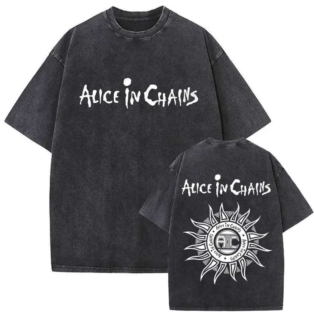 

Washed Vintage Rock Band Alice in Chains Double Sided Print T-shirt Men Women Gothic Punk Streetwear Oversized Crewneck T Shirt