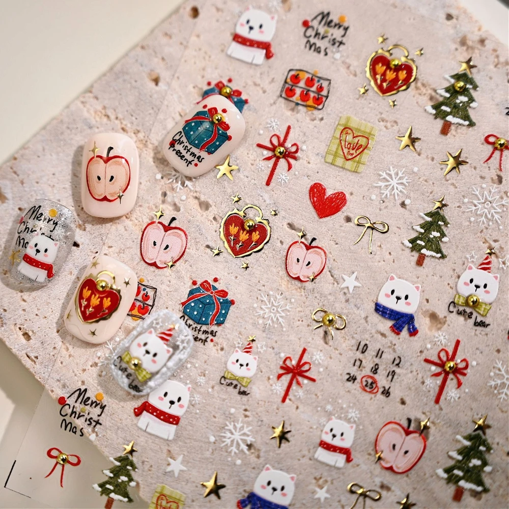 

Gold Stamped Stars Christmas Tree Apple Snowflake Bowknot Present Cute Bear 3D Nail Art Sticker Xmas Snowman Manicure Decals