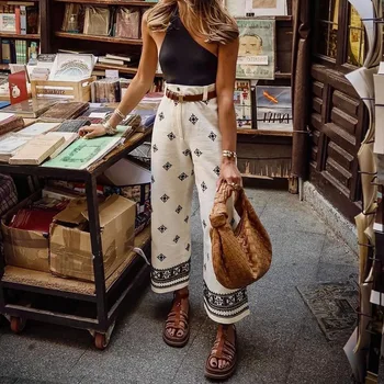 Taille haute femmes lin pantalon droit mode imprimé Vintage veste pour homme femme cheville décontracté haute rue pantalon