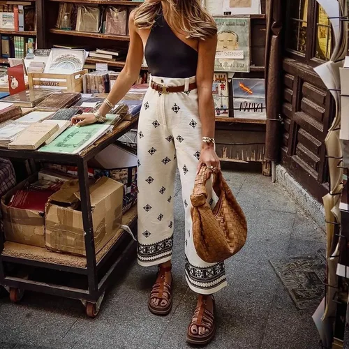 Pantalones rectos de lino de cintura alta para mujer, pantalones informales de calle con estampado de moda Vintage con cremallera y tobillo para mujer