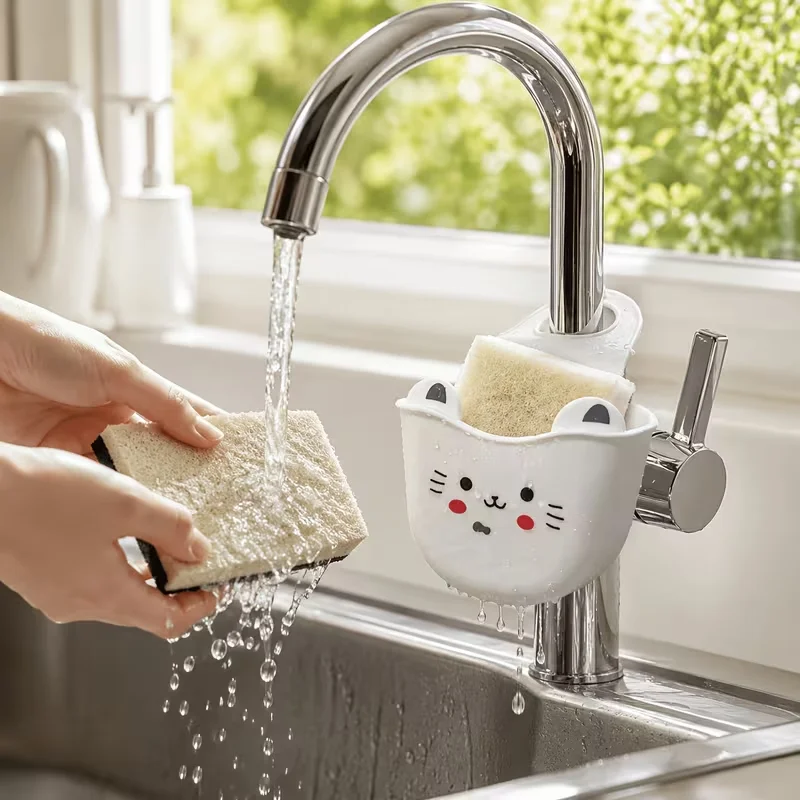 1 piece of cute cat silicone faucet holder, with a drainage hole and a sponge storage rack