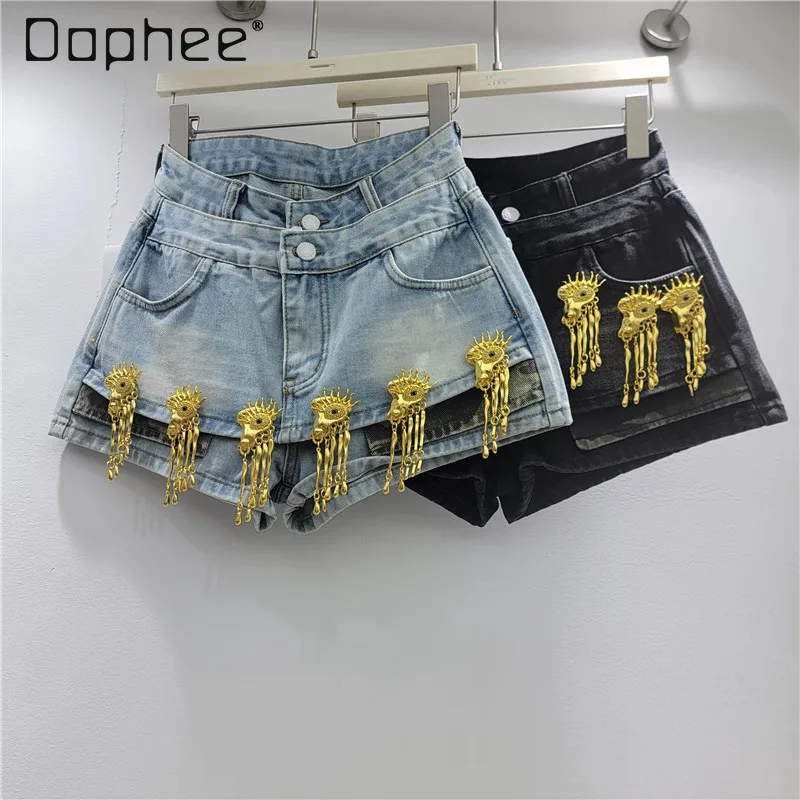 

American Splicing Black Denim Shorts Women's 2026 Summer Spice Girl Metal Low-rise A-shaped Straight Hot Pants