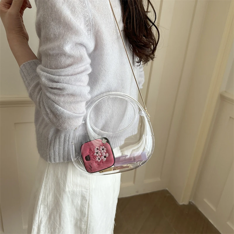 Summer New Concise Transparent PVC Jelly Bag Hot Sale Leisure Clear Round Handbag Beach Sweet Youth Crossbody Purse for Women