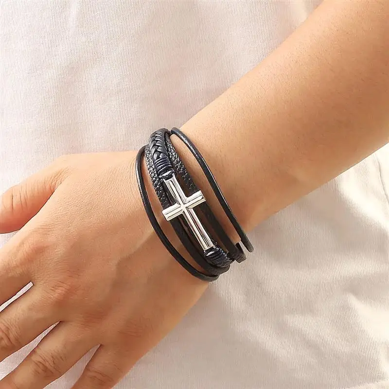 Multi-layer Cross Design Classic Metal Clasp Men\'s Leather Bracelet Handsome Men Christmas Gifts Male Jewelry