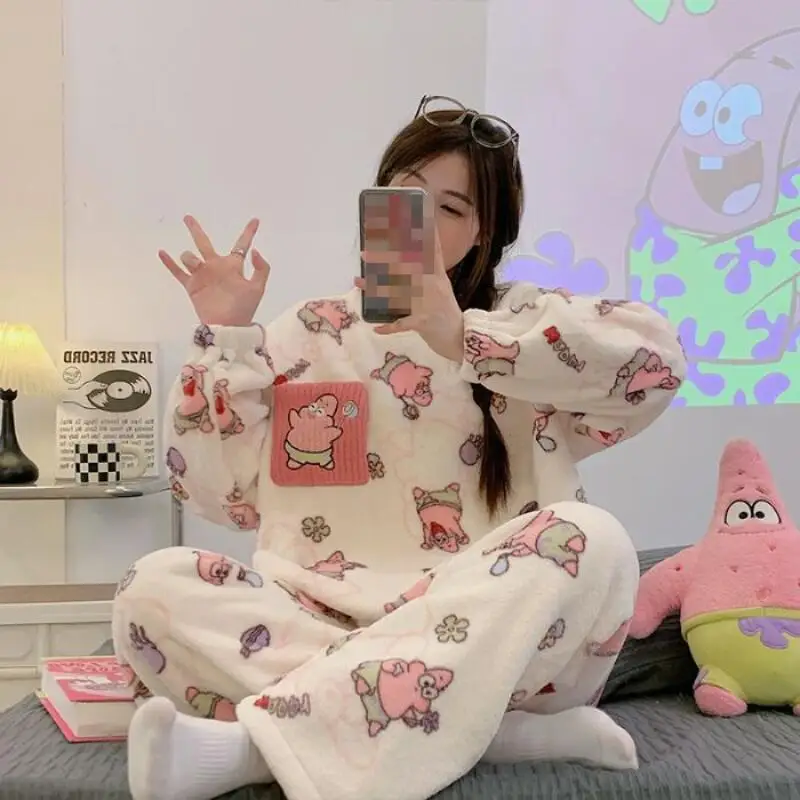 Women's Cartoon Warm Long Sleeved Pajamas Set Anime Autumn and Winter New Girls Kawaii Thickened Home Wear Fashion Two Piece Set