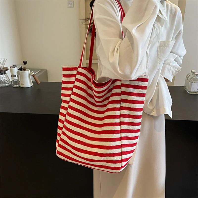 Red Striped Canvas Shoulder Bag Handbag Korean Style Travel Beach Bag Double-sided Shopping Tote Bags Girl Underarm Bag