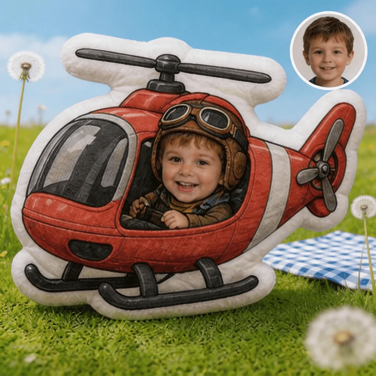 Personalized Photo Customization Pillow: Helicopter Pilot Character Red & White Custom Shaped Decorative Cushion, Stylized Illus