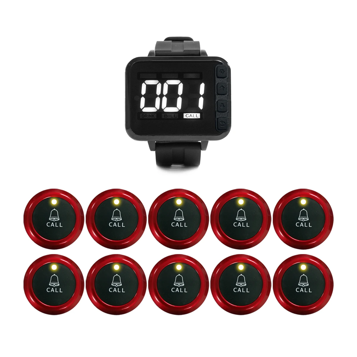 Wireless Restaurant Pager System Kit-Wristwatch Receiver (Display DRINK/BILL/CALL) & 10 Call Buttons for Restaurant