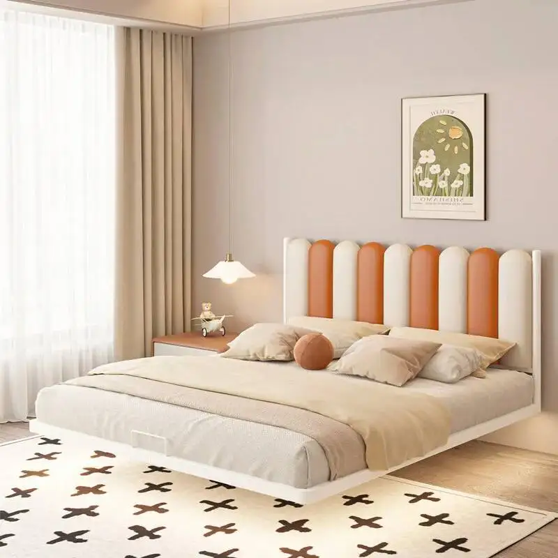 Nordic Floating Iron Bed Frame with Leather Headboard Modern Bedroom Mattress Bases 1.2/1.5/1.8m Bedstead Sturdy Mattress Pallet