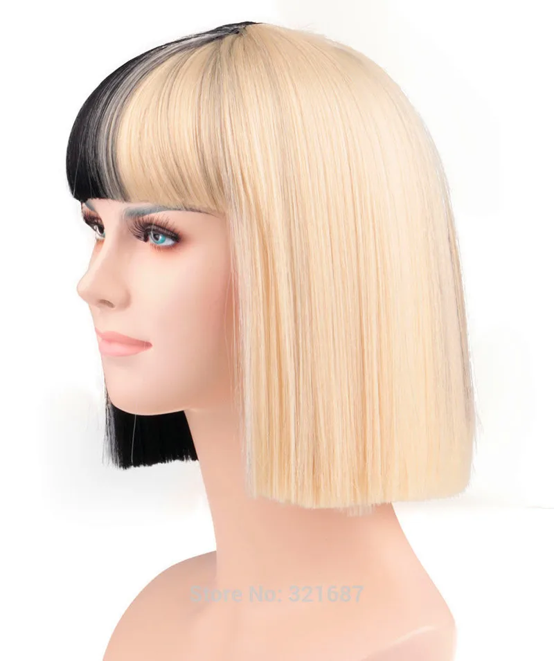 Sia Cosplay Wig Alive Bangs Trim to Eyes Half Black and Blonde Medium Heat Resistant Hair Wigs + Wig Cap