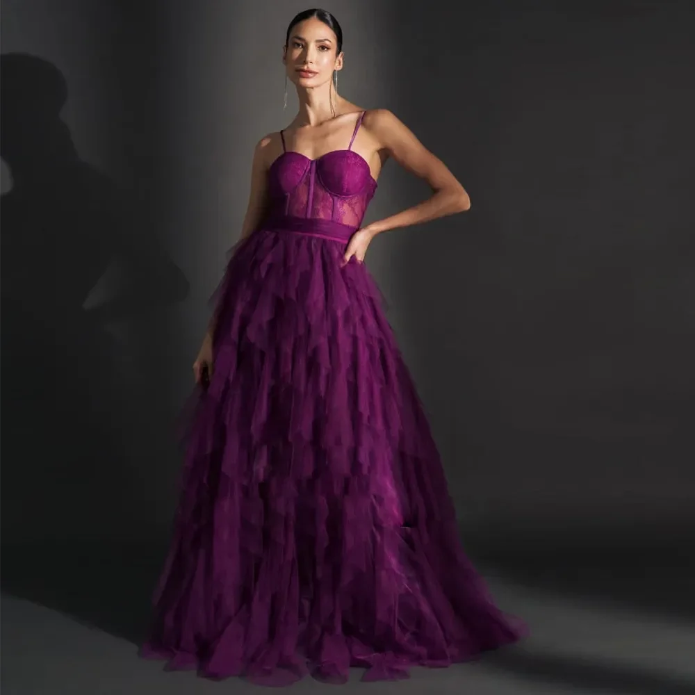 Spaghetti Strap Ruffles Tiered Prom Dresses Sweetheart Exposed Boning Layered Evening Gown A Line Vestidos De Fiesta