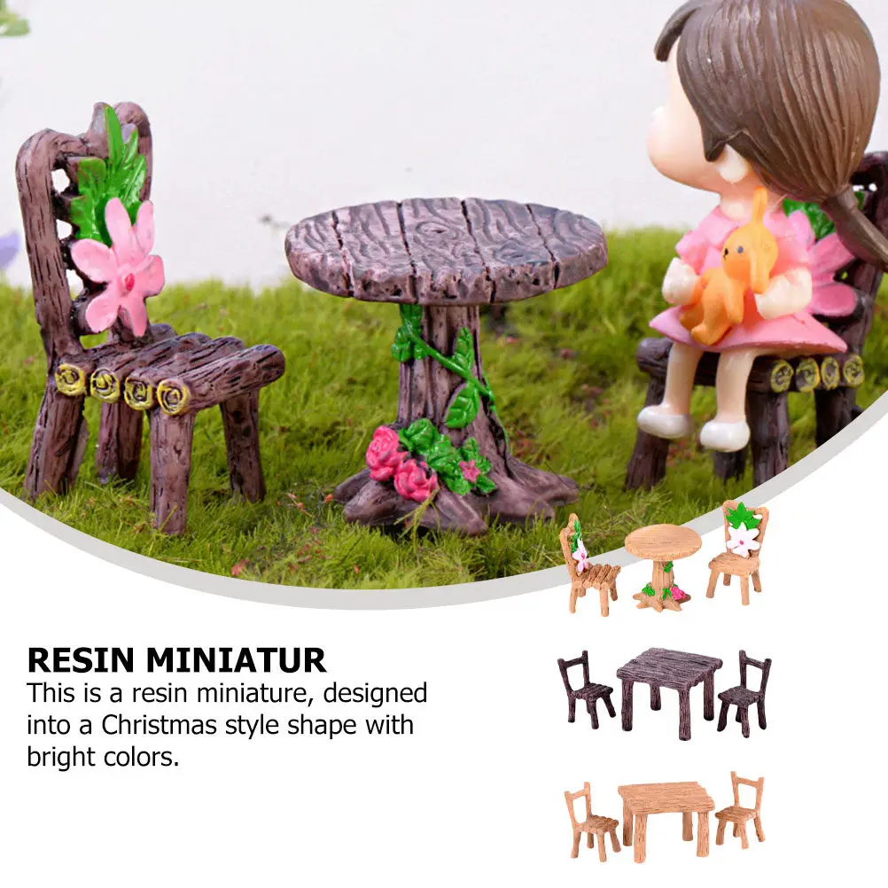 

5Sets Mini Table Chairs Set Resin Holiday Ornament for Room Car Party Decor Desktop Cabinet Garden Display Craft